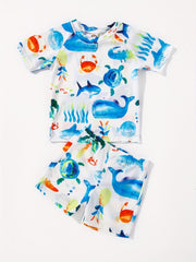 Boys Cartoon Whale Crab Sea Turtle Print Swimwear Set