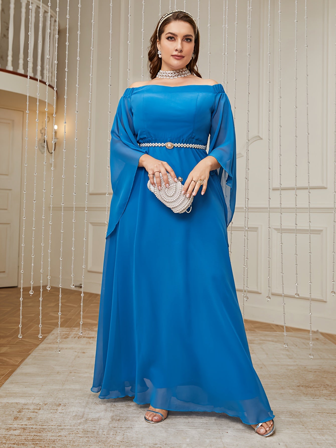 Off Shoulder Bell Sleeve Maxi Chiffon Bridesmaid Dress