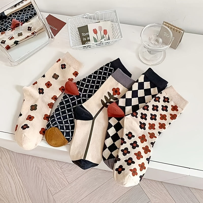 5 Pairs Crew Socks Women Checkerboard Floral Print