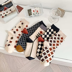 5 Pairs Crew Socks Women Checkerboard Floral Print