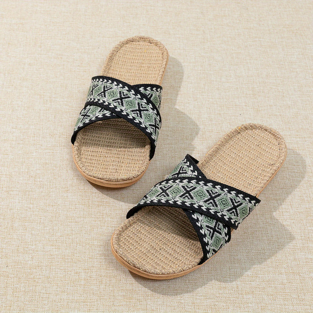 Geometric Pattern Linen Slides Crisscross Strap Open Toe Flat Shoes