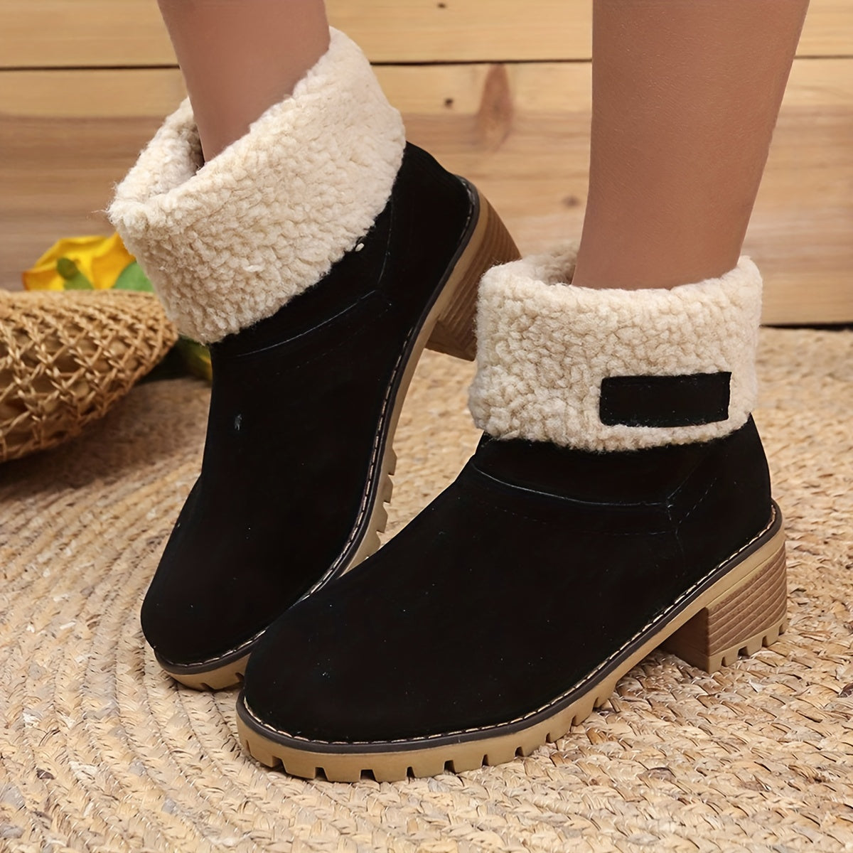 Women's Fuzzy Ankle Boots Chunky Heel Warm Velvet Fluffy Winter Shoes