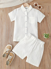 Boy's Summer Outfit Set Short Sleeve Shirt & Shorts Solid Clothes