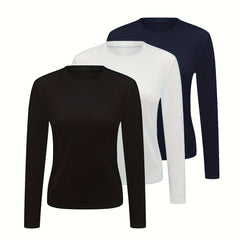 3pcs Solid Thermal Underwear Tops Long Sleeve Crew Neck Women's Lingerie