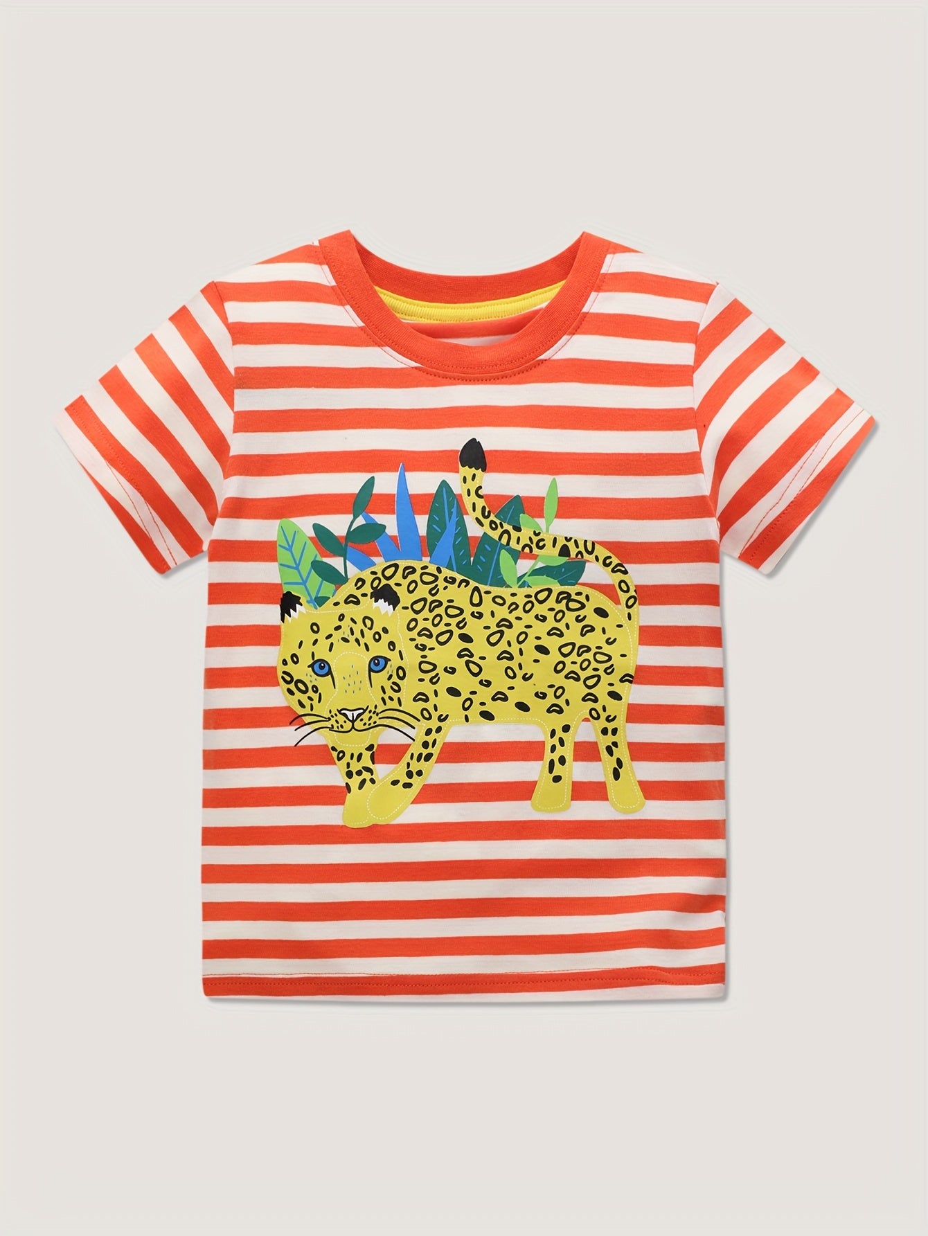 Leopard Print Boy's Striped Crew Neck Short Sleeve T-shirt