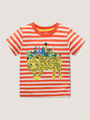 Leopard Print Boy's Striped Crew Neck Short Sleeve T-shirt