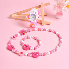 3Pcs Set Cartoon Cat Silicone Girls' Watch Big Eyed Kitten Wristwatch