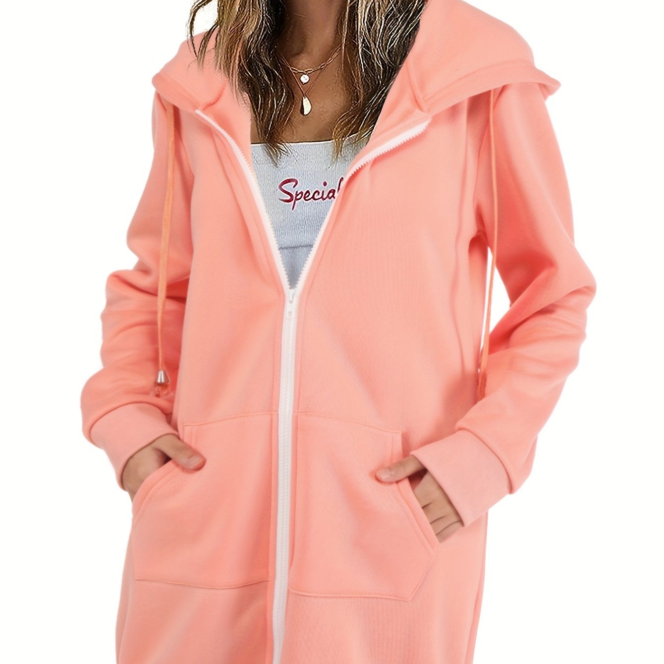 Solid Zip Up Long Length Hoodie Casual Long Sleeve Drawstring Hoodies Sweatshirt