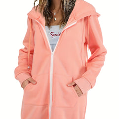 Solid Zip Up Long Length Hoodie Casual Long Sleeve Drawstring Hoodies Sweatshirt