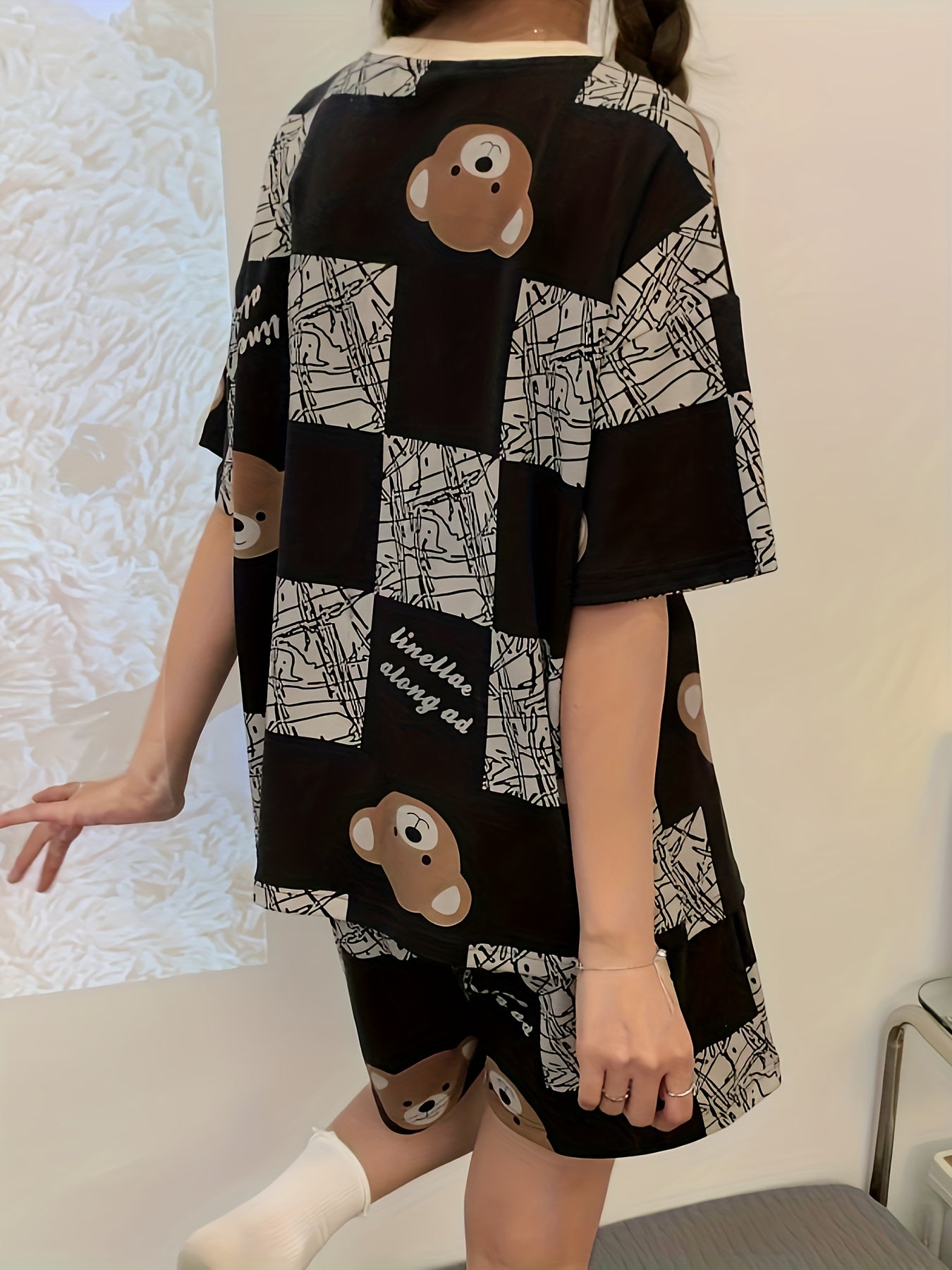 Bear Print Plaid Pajama Set Short Sleeve Top & Shorts