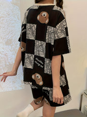 Bear Print Plaid Pajama Set Short Sleeve Top & Shorts