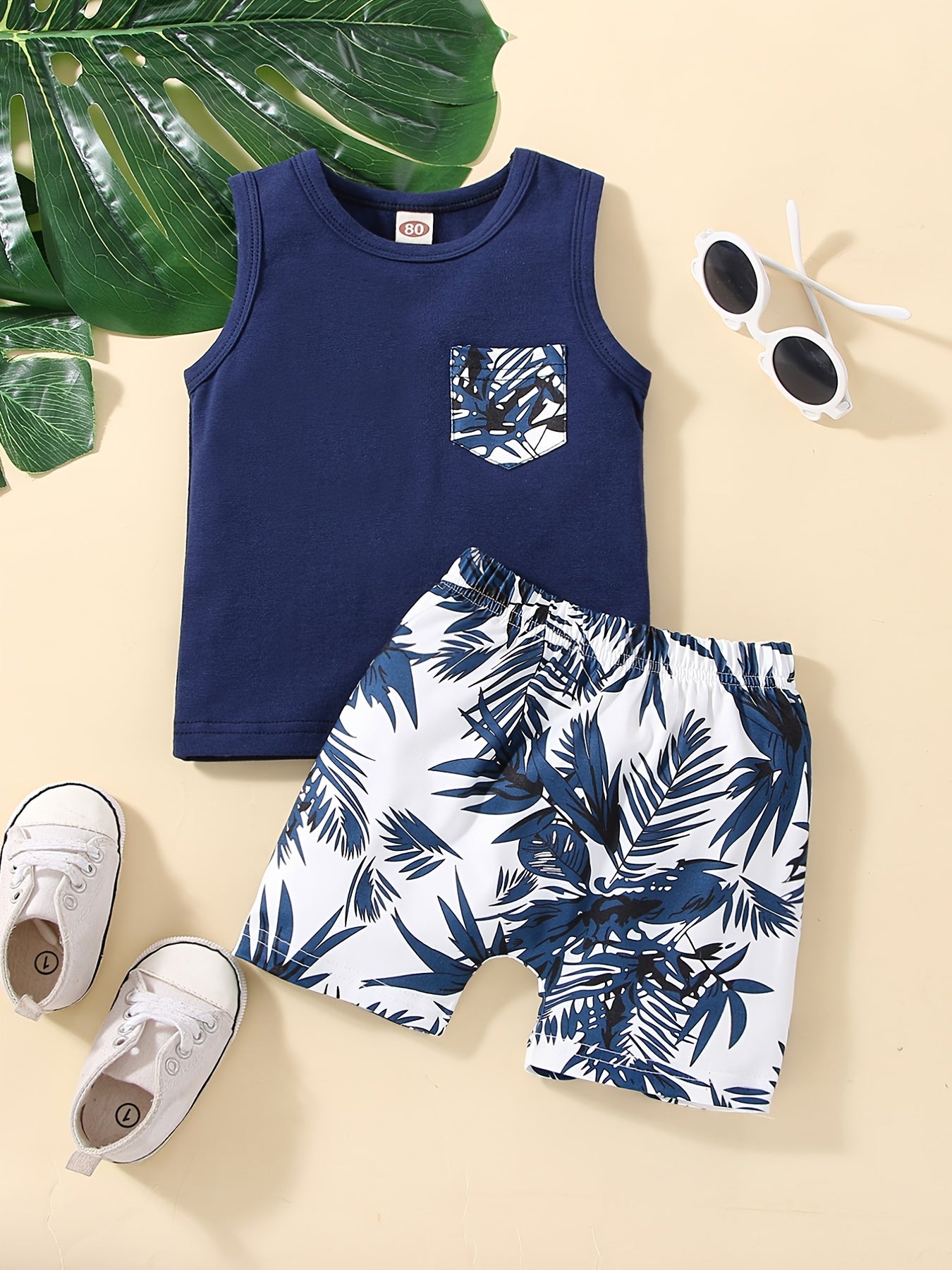 Baby Girls Leaf Print Tank Top & Shorts Set for Summer Beach