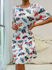 Butterfly Print Lounge Dress Soft & Comfy Short Sleeve Home Dress Women's Lounge