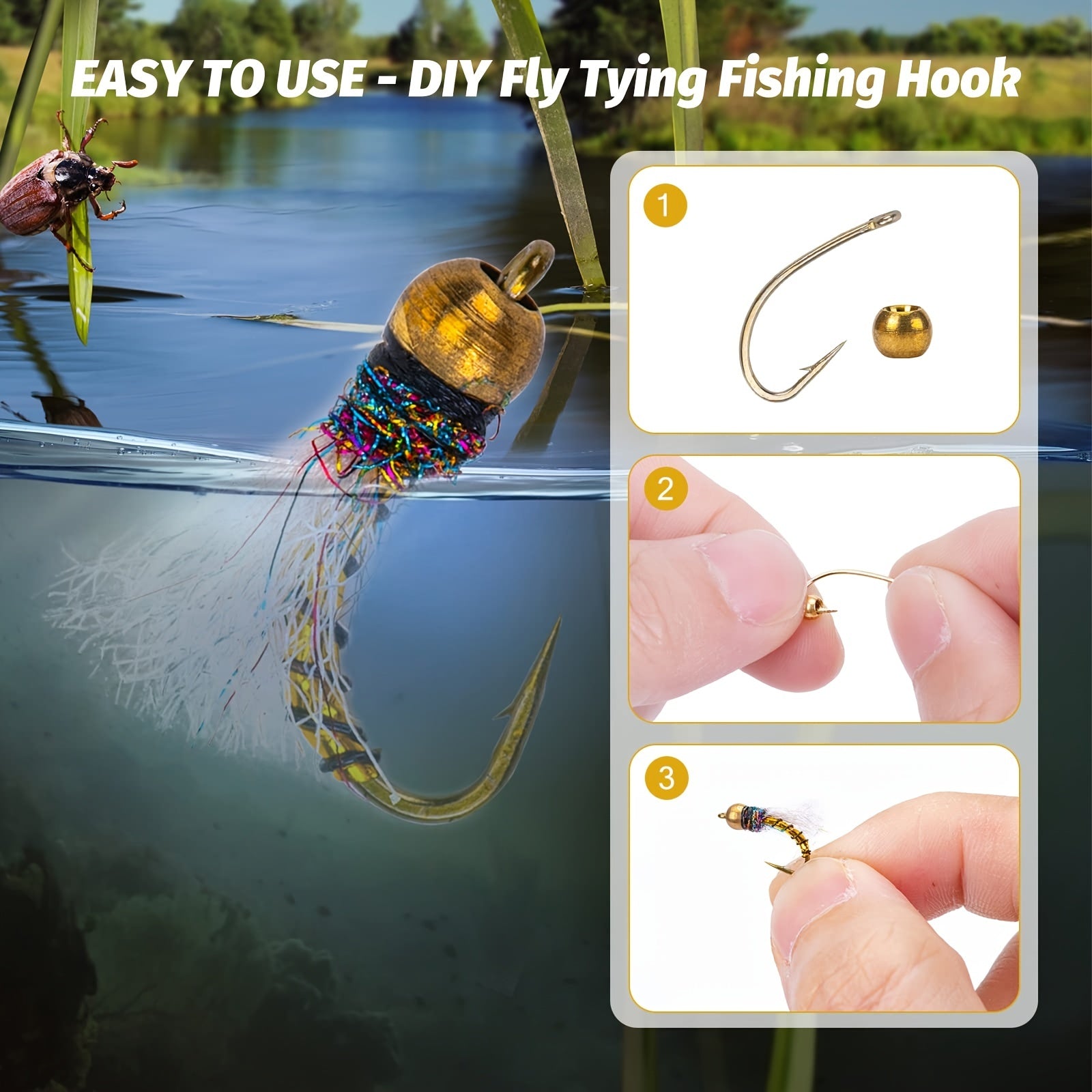 240pcs Fly Barb Hooks & Bead Heads Kit High Carbon Steel Plastic Box