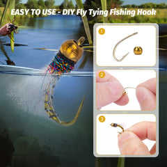 240pcs Fly Barb Hooks & Bead Heads Kit High Carbon Steel Plastic Box