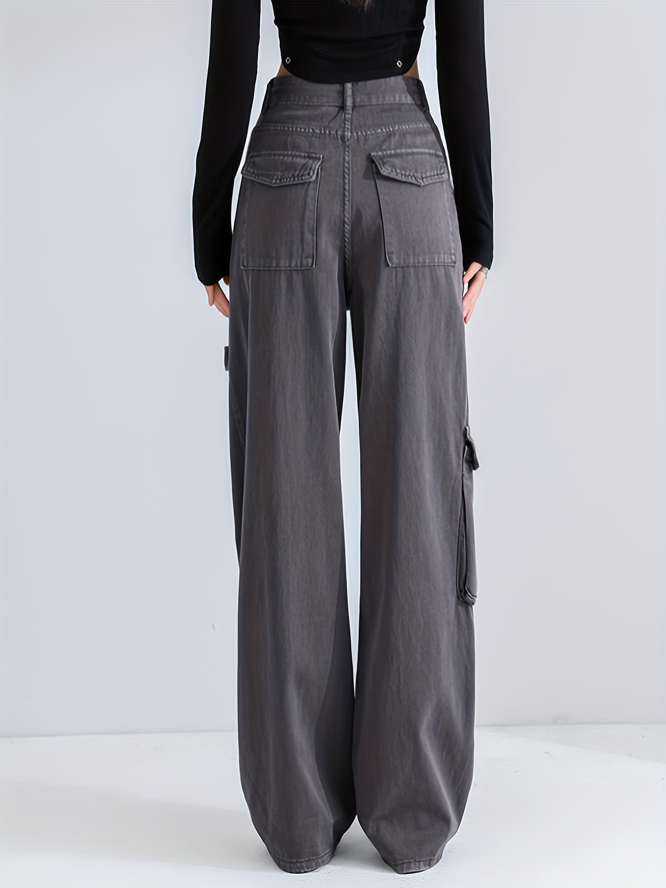 Grey Cargo Pants Loose Fit High Waist Straight Jeans