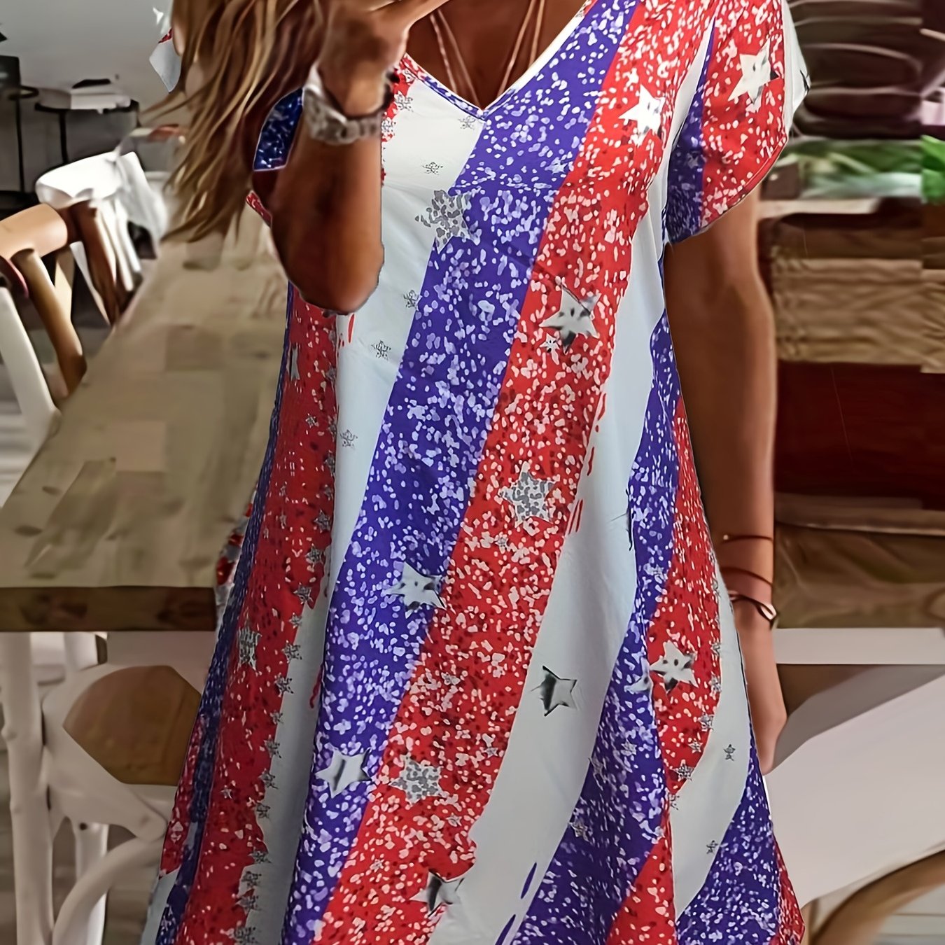 Casual Dress Women's Plus Stripe & Star Print V Neck Dress