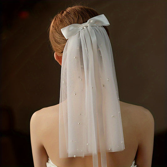 Vintage Mesh Head Veil with Comb Faux Pearl Bridal Wedding Hair Accessory