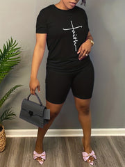 Casual Faith Letter Print T shirt & Biker Shorts Set