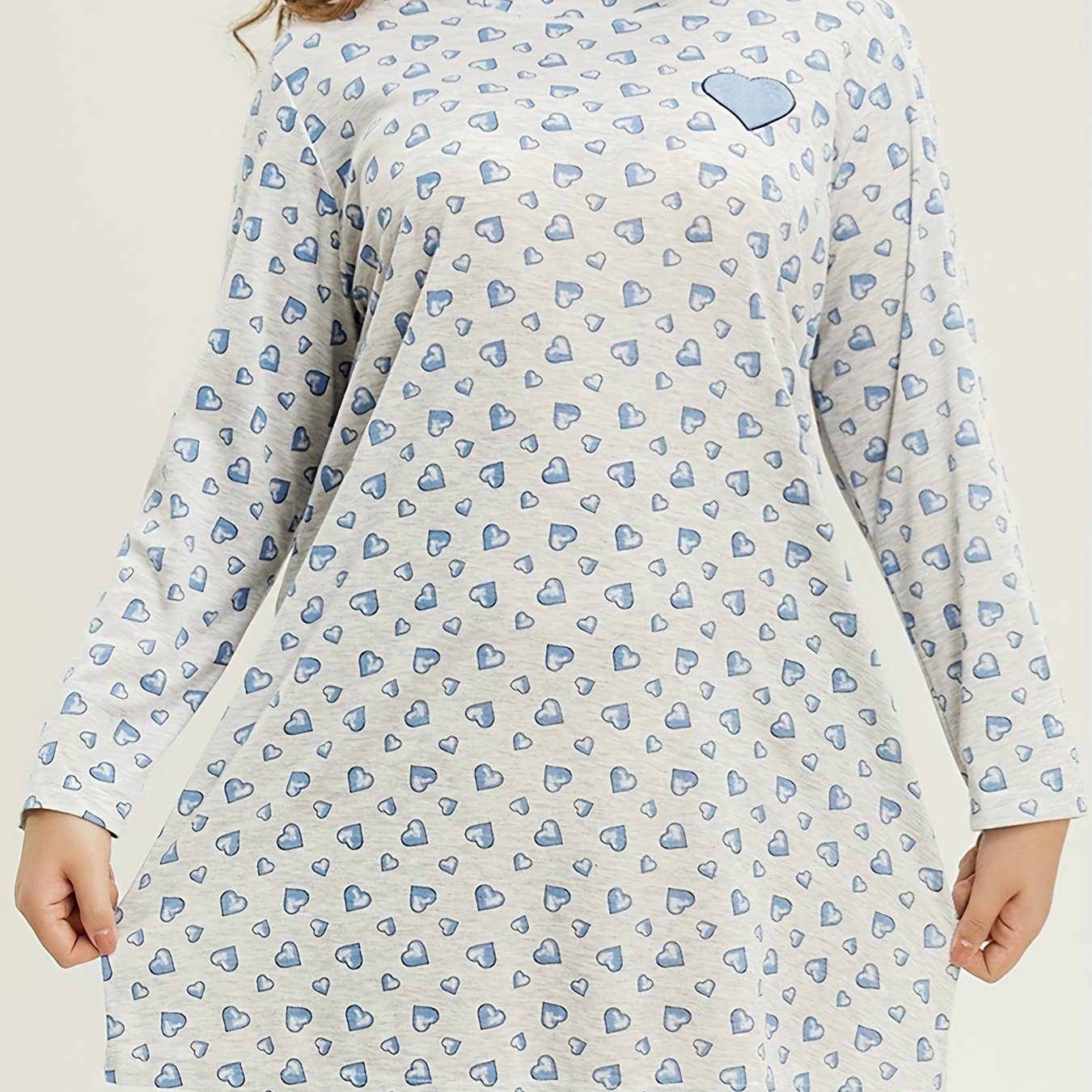 Heart Print Long Sleeve Round Neck Tee Sleep Dress
