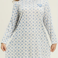 Heart Print Long Sleeve Round Neck Tee Sleep Dress