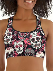 Halloween Sports Bra Women's Plus Floral & Skull Print Round Neck