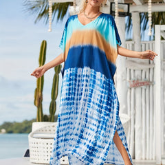 Tie Dye V Neck Kaftan Cover Up Dress Loose Fit Maxi Length Beach Coverup
