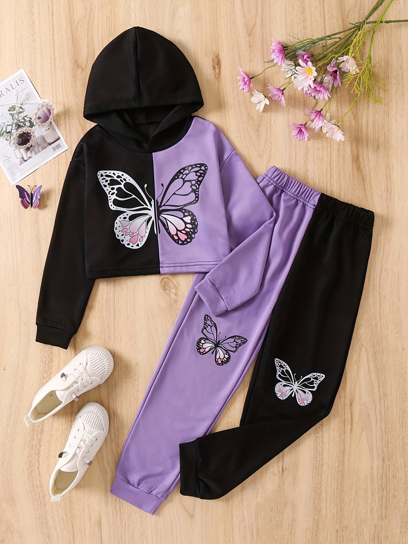 2 Girls Butterfly Print Crop Hoodie Sweatshirt & Pants Set