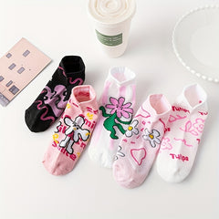 5 Pairs Floral Print Socks Comfy & Breathable Crew Socks Women's Stockings