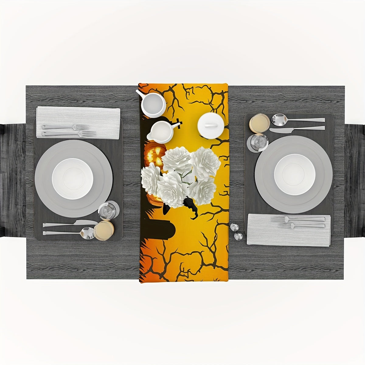 Halloween Evil Pumpkin Witch Hat Linen Table Runner