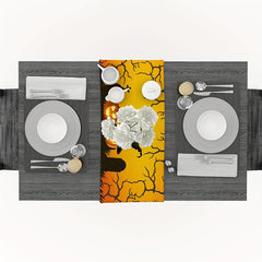 Halloween Evil Pumpkin Witch Hat Linen Table Runner