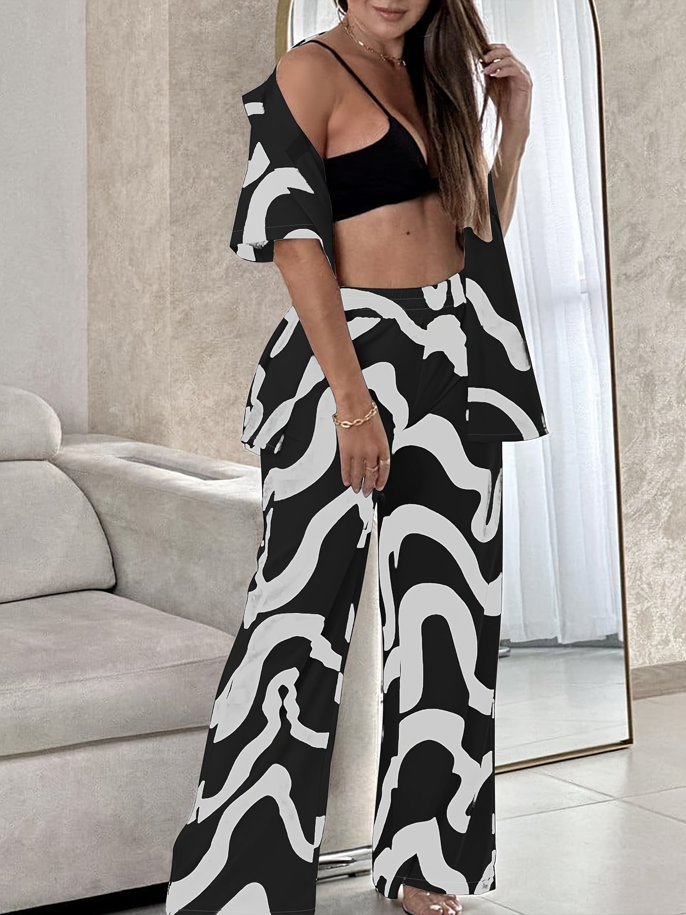 Abstract Print 2pc Set Open Front Short Sleeve Tops & Wide Leg Pant