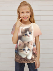 Breathable Cat Graphic T-shirt For Girls Summer Gift Sports