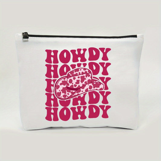 Hot Pink Vintage Western Cow Print Cowboy Hat Cosmetic Bag