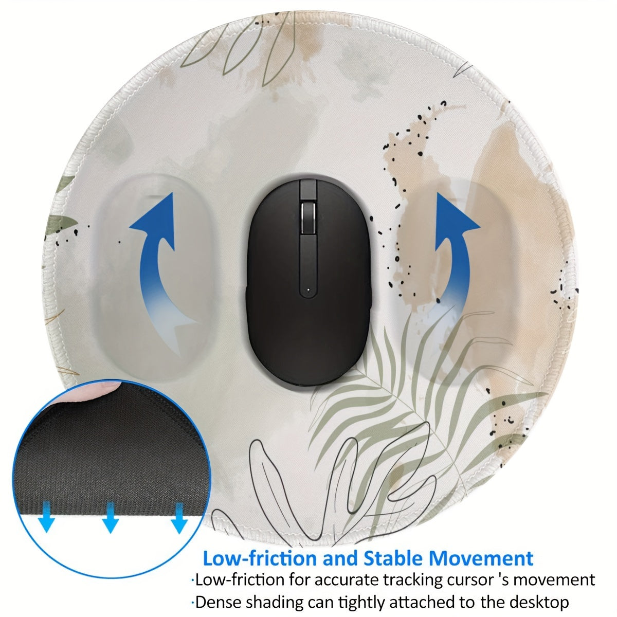 Boho Leaves Pattern Mouse Pad Round Mouse Mat Non Slip Rubber Base