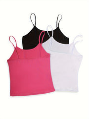 3 Pack Plus Size Sexy Cami Top Set Women's Plus Solid Round Neck Medium Stretch