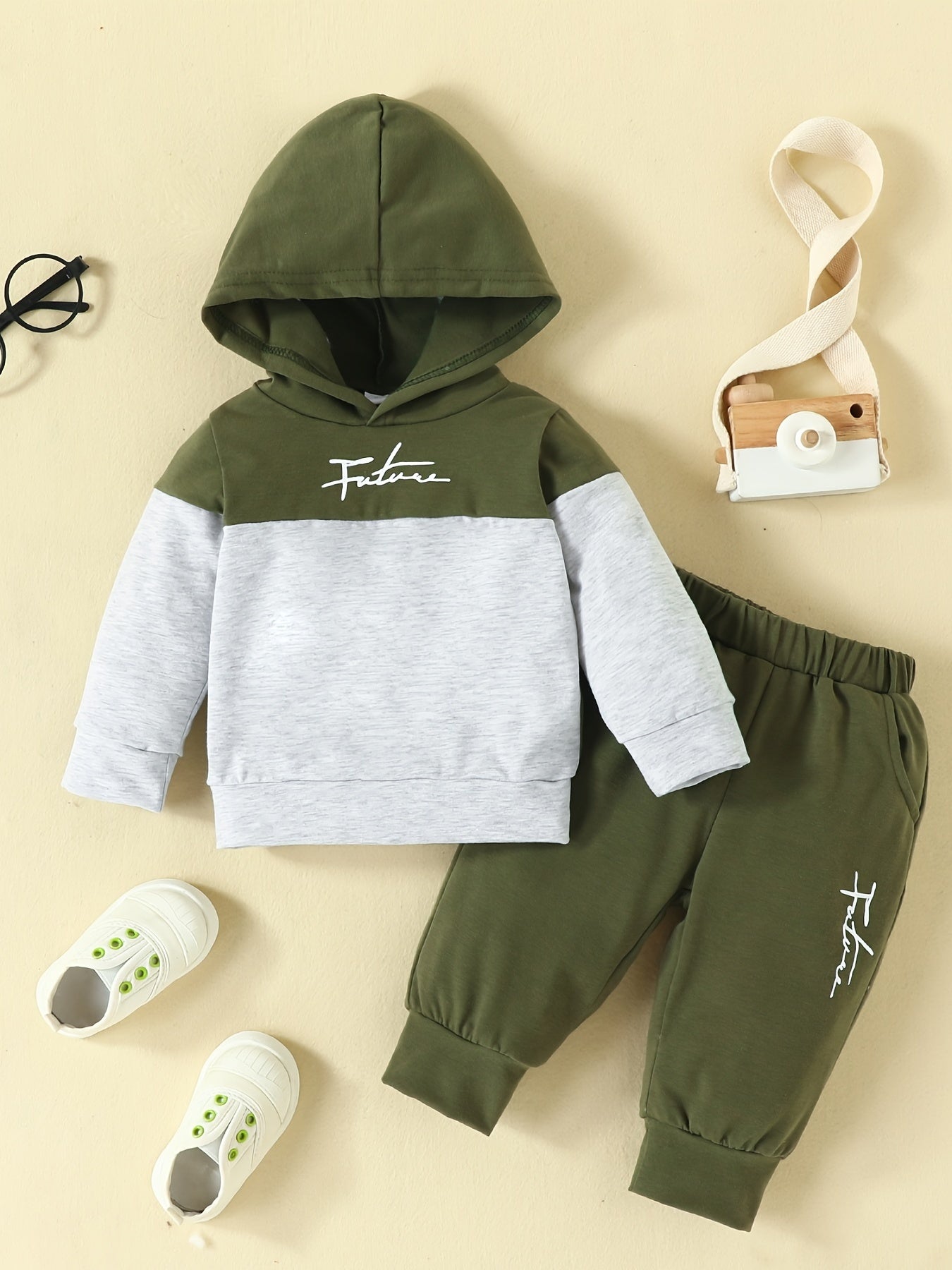 2pcs Infant Block Hoodie Letter Print Sweatshirt & Pant Set