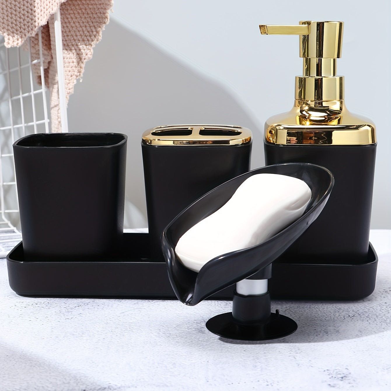 5pcs Bathroom Accessory Set: Lotion Dispenser, Soap Dish, Toothbrush Holder, Cup