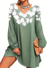 Floral Print V Neck Dress Long Sleeve Dress for Spring & Fall