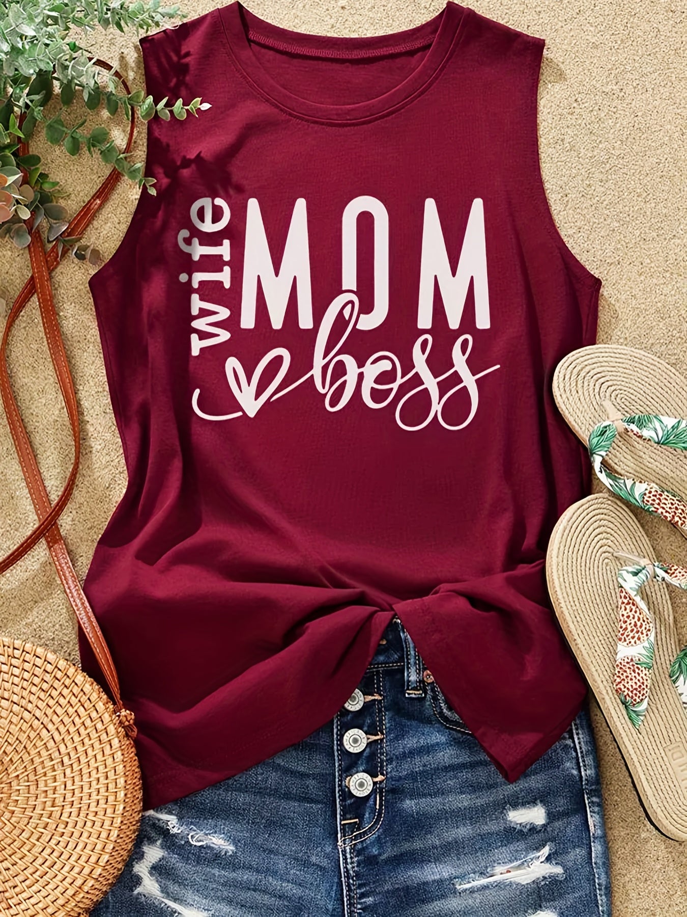 Mom Letter Print Tank Top Crew Neck Sleeveless Summer Top