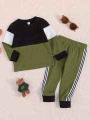 Boys Comfy Casual Suit Contrast Crew Neck Tops & Striped Pants