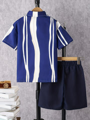 Boys Casual Striped Shirt&Shorts Set, Summer Kids Clothing