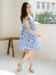 Girl's Cotton Floral Graphic V Neck Princess Dress
