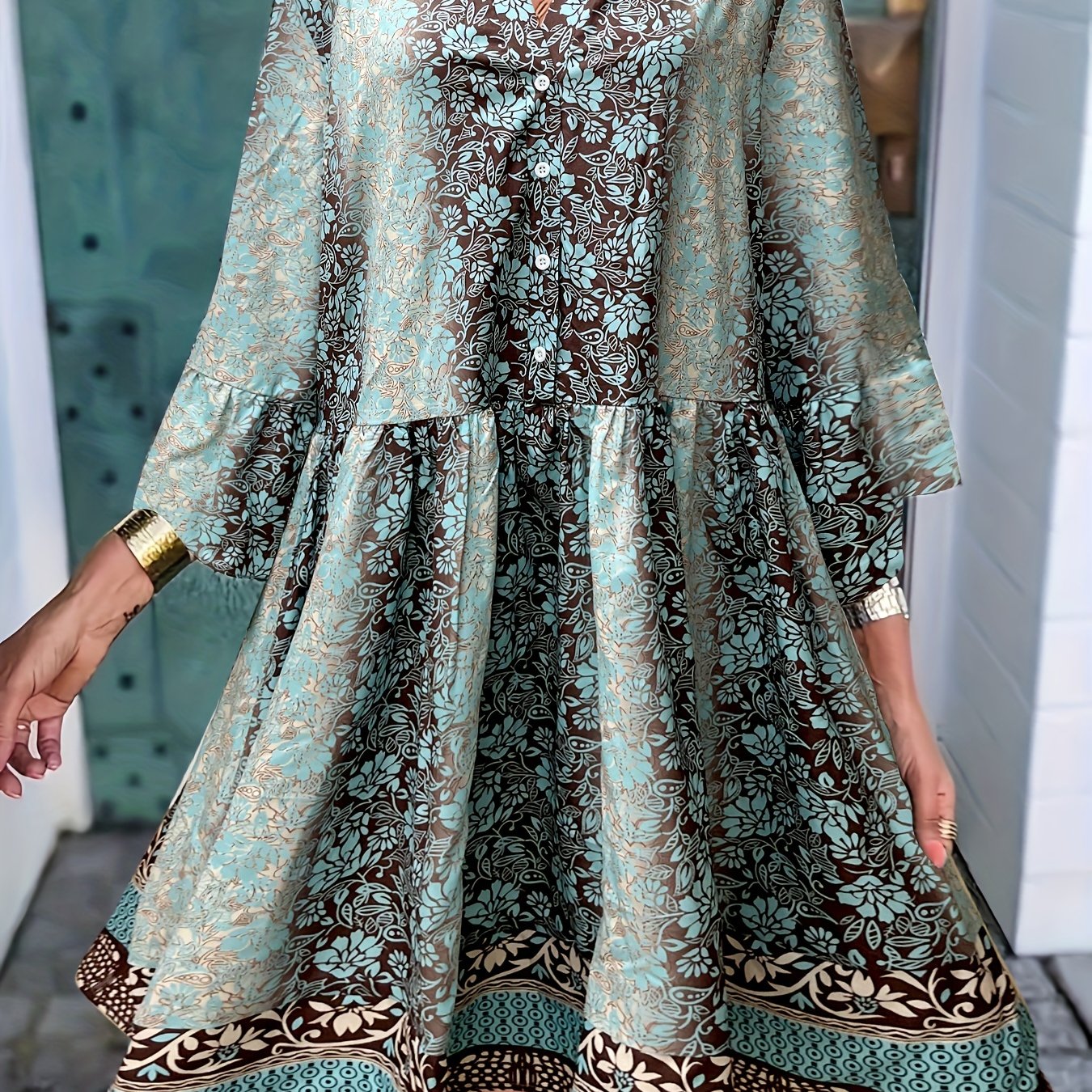 Boho Dress Women's Plus Floral Button Up Bell Sleeve V Neck Dress