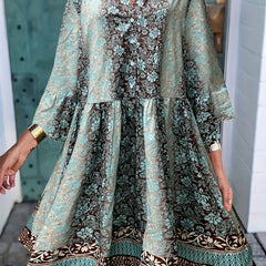 Boho Dress Women's Plus Floral Button Up Bell Sleeve V Neck Dress