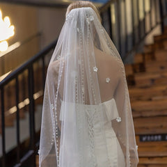 Baroque Wedding Veil With Comb Bride Floral Faux Pearl Long Veil
