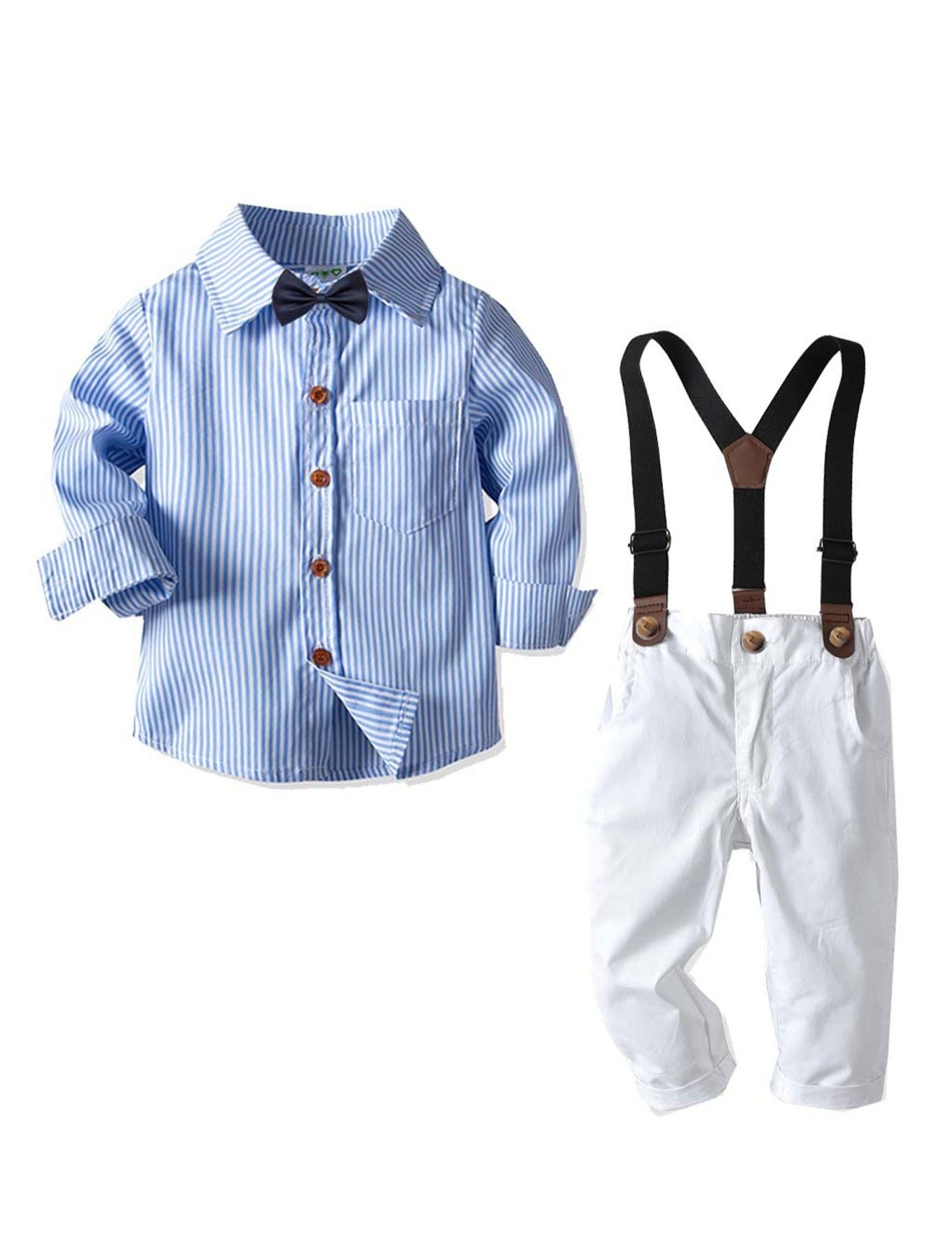 Toddler Boys Gentlemen Suit Stripe Shirt Suspender Pants Outfit Set