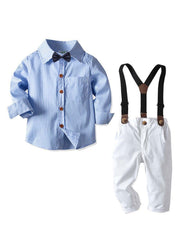 Toddler Boys Gentlemen Suit Stripe Shirt Suspender Pants Outfit Set