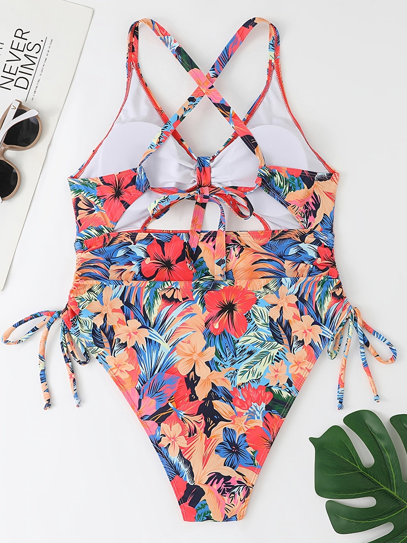 Tropical Print Side Drawstring Cut Out One Piece Beachwear Swimsuit