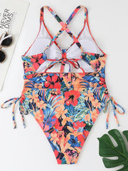Tropical Print Side Drawstring Cut Out One Piece Beachwear Swimsuit